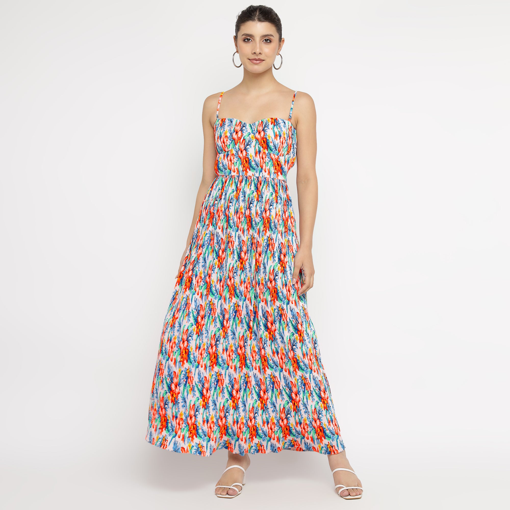 Vibrant Floral Smocked Maxi Dress with Sweetheart Neckline